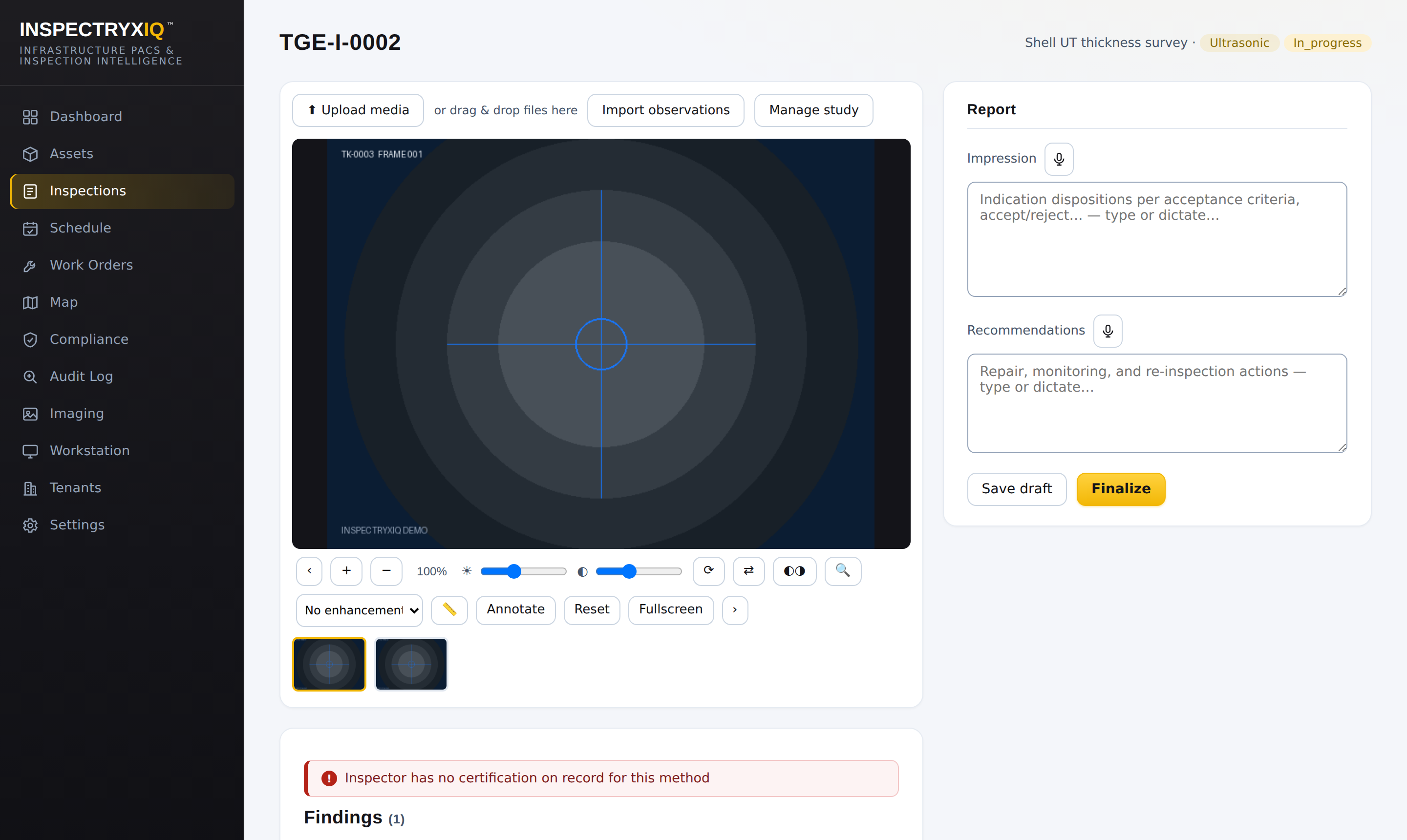 InspectryxIQ reading room: image viewer with annotation tools and report panel