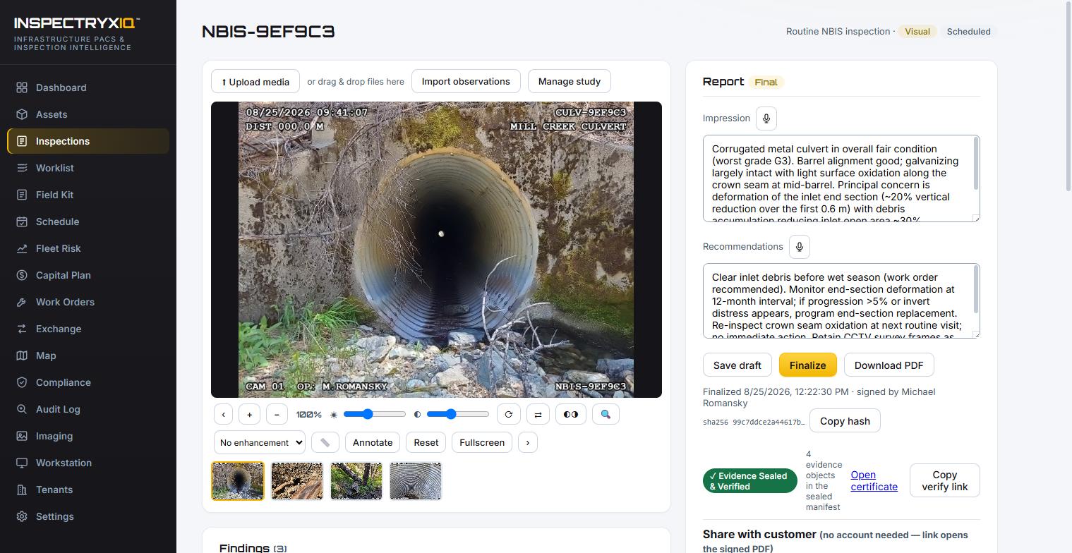 InspectryxIQ reading room showing a real culvert inspection study with report panel